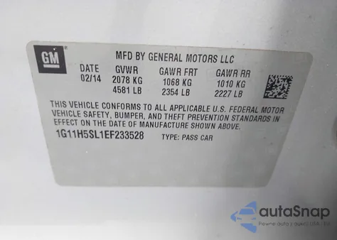 2014 Chevrolet Malibu 1Lz z USA, uszkodzony, nr VIN 1G11H5SL1EF233528